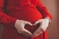 Pregnant woman in red flying dress holding her belly. Close up photo of pregnancy Royalty Free Stock Photo