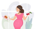 A pregnant woman refuses a hamburger in favor of cherries. No fast food. Only a healthy diet for an unborn baby. Vector