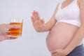 Pregnant woman rejecting and say no alcohol or liqueur during pregnancy, stop gesture, refuses , confuse, prevent disabilities or