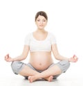 Pregnant woman relax doing yoga, sitting in lotus position