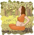 Pregnant woman relaxing on grass illustration.