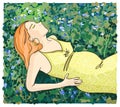 Pregnant woman relaxing on grass illustration.