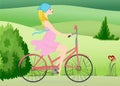 Pregnant woman rides a Bike across the field