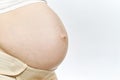 Pregnant woman`s belly faceless close-up . Maternity Belt Pregnancy Abdomen Support Abdominal Binde. side view Royalty Free Stock Photo
