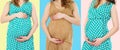 Pregnant woman set in dress holds hands on belly isolated on colorful background. Pregnancy and maternity women collage concept. Royalty Free Stock Photo