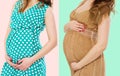 Pregnant woman set in dress holds hands on belly isolated on colorful background. Pregnancy and maternity women collage concept. Royalty Free Stock Photo