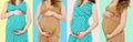 Pregnant woman set in dress holds hands on belly isolated on colorful background. Pregnancy and maternity women collage concept. Royalty Free Stock Photo