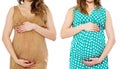 Pregnant woman set in dress holds hands on belly isolated on white background. Pregnancy and maternity women collage concept. Royalty Free Stock Photo