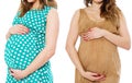 Pregnant woman set in dress holds hands on belly isolated on white background. Pregnancy and maternity women collage concept. Royalty Free Stock Photo