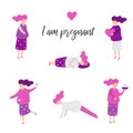 Pregnant woman set including woman with heart, flower, food, woman doing fitness, sleeping woman.