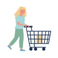 Pregnant woman shopping in a supermarket with a trolley with groceries