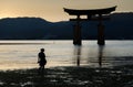 Pregnant woman silhouette near Torii -  floating gate of Miyajima (Itsukushima ) island at sunset time Royalty Free Stock Photo