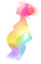 Pregnant woman silhouette plus abstract watercolor. Digital art