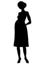 Pregnant woman silhouette, vector outline drawing, shape expectant girl with a big belly full-length, contour black and white port Royalty Free Stock Photo