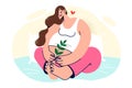 Pregnant woman sits on bed with smile and holds twig of plant, dreaming of happy motherhood