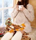 Pregnant woman sitting near the window and drinking tea, beautiful winter landscape with snowy forest is outside the window,