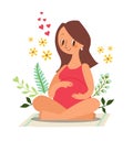 Pregnant woman sitting and touching her big belly