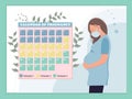 Pregnant woman standing near the calendar of pregnancy with trimester of pregnancy,