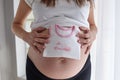 Pregnant woman standing near window and holding a baby cloth Royalty Free Stock Photo