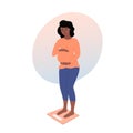 Pregnant woman standing on scales and checking weight. Pregnancy weight gain. Unhappy african american future mother. Flat vector Royalty Free Stock Photo