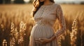 Pregnant woman standing in a summer field touching her. Generative AI.