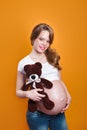 Pregnant woman standing with teddy toy bear on yellow background Royalty Free Stock Photo