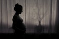 Pregnant woman stands in the light of a night window, black and white silhouette Royalty Free Stock Photo