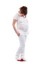 Pregnant woman stands on red balance Royalty Free Stock Photo