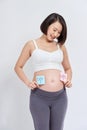 Pregnant woman with a sticky note and writing love boy or girl on sticky note and add on her belly,P Royalty Free Stock Photo