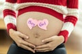 Pregnant woman with a sticky note and writing love boy or girl on sticky note and add on her belly Royalty Free Stock Photo