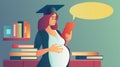 pregnant woman student in graduated cap using smartphone with chat bubble motherhood pregnancy concept horizontal