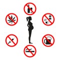 Pregnant woman, stylized symbol, pictured on white background. Signs No drugs. No smoking. No to alcohol. Royalty Free Stock Photo
