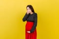 Pregnant woman suffering from toxicosis. Toxicosis Of Pregnancy. Pregnant Lady Feeling Sick Having Nausea Standing On Colored Royalty Free Stock Photo