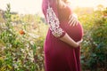 Pregnant woman in sunny field