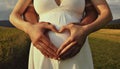 pregnant woman at sunset with man making heart from hands Royalty Free Stock Photo