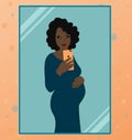 Pregnant woman is taking selfie on smartphone in the mirror. Vector illustration