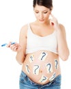 Pregnant Woman thinking about Pregnancy Development and Child Birth. Future Mother asking Questions about Prenatal Health Care Royalty Free Stock Photo