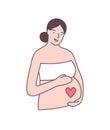 Pregnant woman touching belly flat vector illustration. Happy young lady expecting child, future mom cartoon character