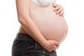 Pregnant woman touching or bonding her abdomen