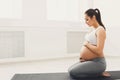 Pregnant woman training yoga in lotus pose Royalty Free Stock Photo