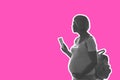 Pregnant woman is traveling with ticket on pink backround in cartoon sticker style