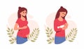 Pregnant woman with tummy and girl with a newborn baby. Set of illustrations about pregnancy and motherhood