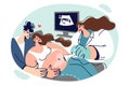 Pregnant woman undergoes ultrasound procedure in office of obstetrician, together with husband