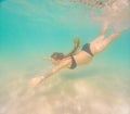 Pregnant woman underwater swimming in tropical sea. Healthy and active pregnancy. Young expecting mom on summer beach Royalty Free Stock Photo