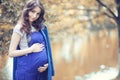 Pregnant woman on a walk in the park Royalty Free Stock Photo