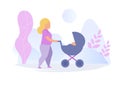 Pregnant woman walking with baby in stroller Vector. Cartoon. Isolated art on white background. Royalty Free Stock Photo