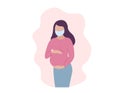 Pregnant woman wearing medical face mask and holding belly. Healthy pregnancy concept. Vector flat illustration