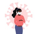 Pregnant woman wearing medical face mask and touching belly. Coronavirus covid 19 as background. Healthy pregnancy concept. Vector