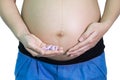 Pregnant woman 40 weeks holding calcium vitamin medicine on hand