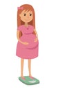 Pregnant Woman, weighed on the scales. Flat Vector Illustration